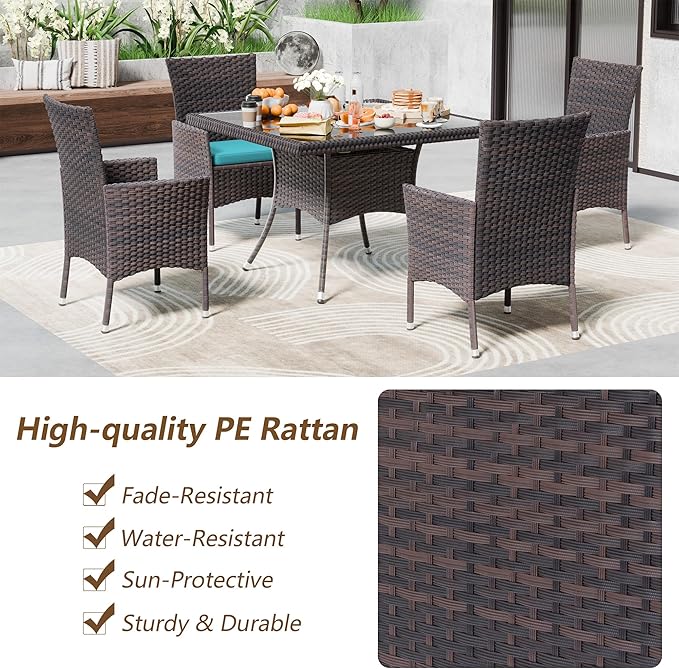 Kullavik 5 Pieces Outdoor Dining Set Patio Rattan Furniture Set,Patio Dining Table and Chairs Set with 4 Chairs and Cushions,Square Glass Tabletop with Umbrella Hole for Patio,Backyard,Blue