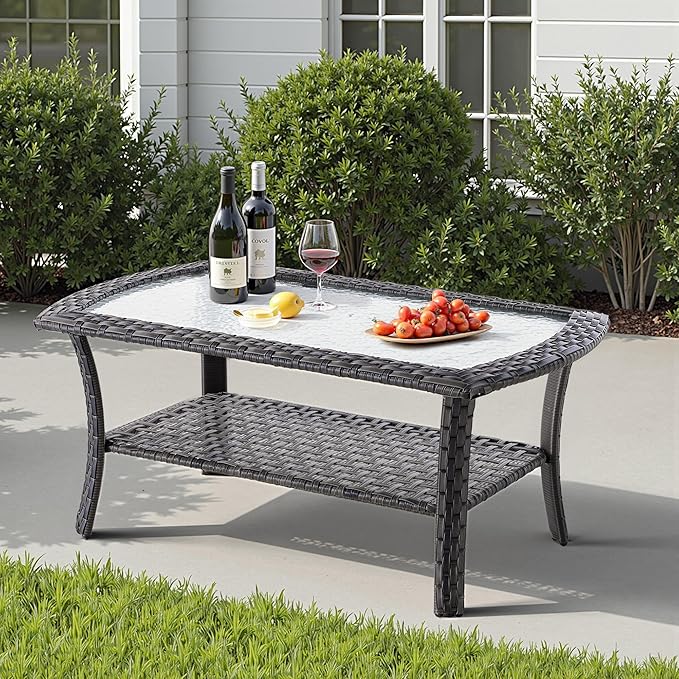 4 Pieces Wicker Patio Furniture - All-Weather PE Wicker Outdoor Conversation Bistro Set Loveseat Chairs with Table,Outdoor Rattan Sofa Chair High Back Deep Seating,Blue