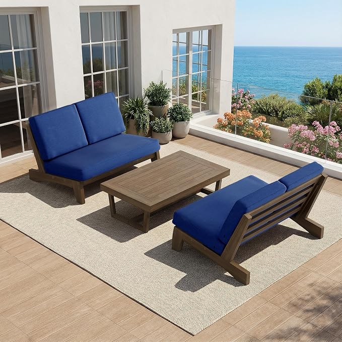 All Weather Wood Patio Furniture Sets, 3 Pieces Patio Loveseat Sofa Outdoor Sectional Futniture Backyard Conversation Set with Solid Wooden Coffee Table - Navy Blue