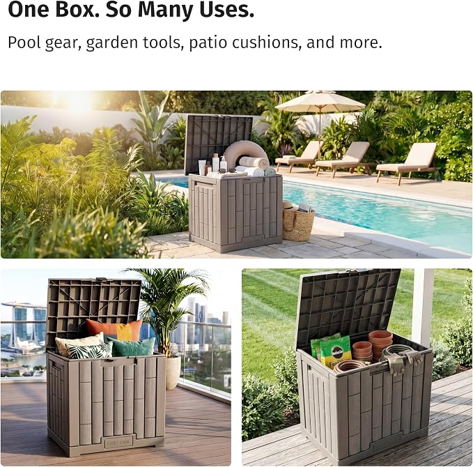 EAST OAK Outdoor Storage Box, 31 Gallon Deck Box, Waterproof Resin Storage Bin for Patio Cushions, Gardening Tools, Accessories, Lockable, UV Resistant, Brown