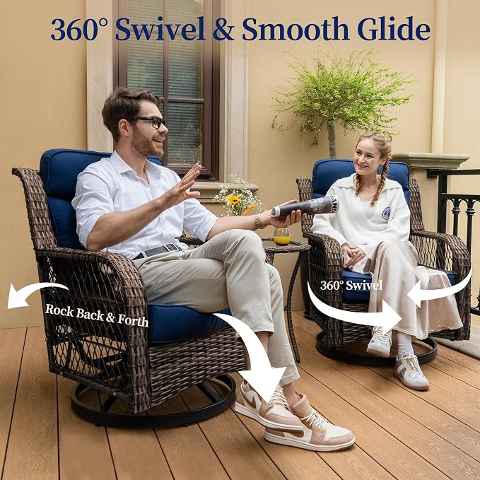 PIZZELLO Outdoor Swivel Chairs 6 Piece Wicker Rocking Chairs Set Patio Furniture Set with Rattan Side Table Rocker Bistro Sets for Outside Porch Backyard (5" Thick Cushions and 25" Full Support Back)