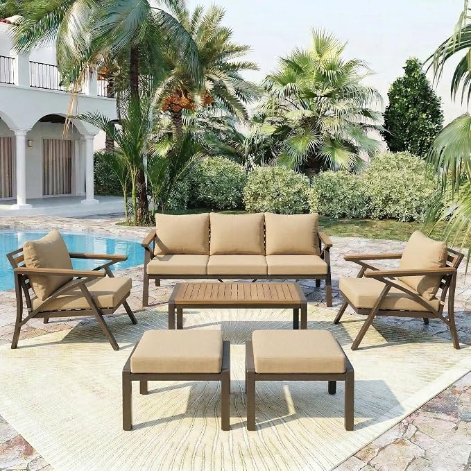 6-Piece Outdoor Patio Furniture Set, All Weather Conversation Set, Steel Frame Sofa Set with 3-Seat Couch, 2 Armchairs, 2 Ottomans & Acacia Wood Coffee Table for Backyard Garden (Brown-3.27)