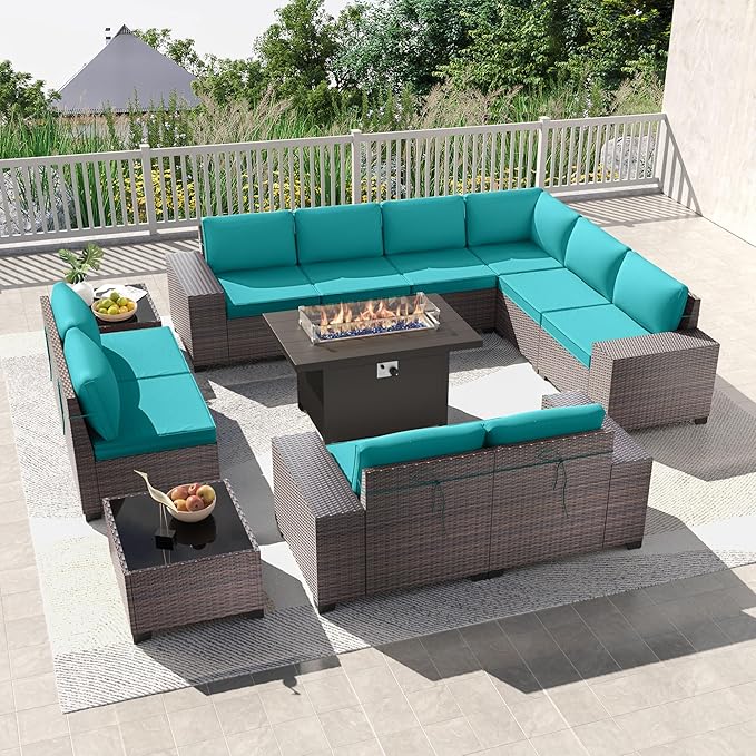 Kullavik 13PCS Outdoor Patio Furniture Set with 43" 55000BTU Gas Propane Fire Pit Table PE Wicker Rattan Sectional Sofa Patio Conversation Sets,Blue