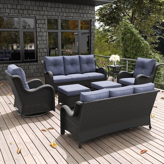 LayinSun 7 Pieces Outdoor Patio Furniture Set, Rattan Wicker Sectional Swivel Rocker Chairs Sets with Ottomans, Swivel Glider Chairs and Coffee Table
