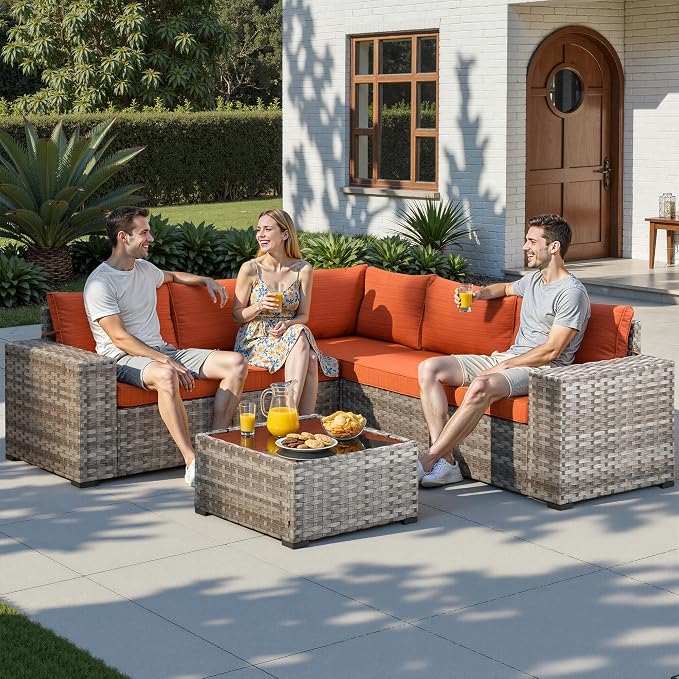 6 Pieces Patio Furniture Set, Outdoor Wicker Sectional Sofa with 7.7" Extra Wide Armrests, Modern Rattan Modular Conversation Set with Thickened Deep Seat Cushions for Garden, Backyard, Orange-Red