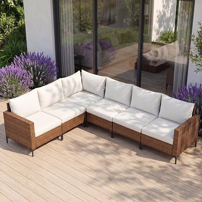 LAUSAINT HOME 6 Pieces Outdoor Patio Furniture Set, PE Wicker Sectional Conversation Sofa with Adjustable Backrests, Storage Ottoman & Wood Table with Umbrella Hole, Beige