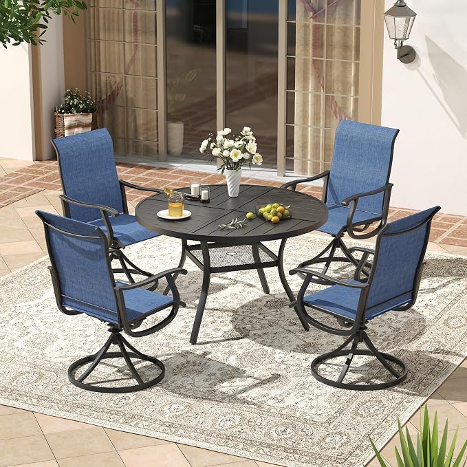 VICLLAX Patio 5 Pieces Outdoor Dining Set, 40.6" Round Metal Table with Umbrella Hole and Storage Shelf, 4 Swivel Textilene Chairs for Lawn, Garden, Porch, Black/Dark Blue