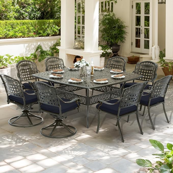 SOCIALCOMF 9-Piece Patio Cast Aluminum Dining Set, Outdoor Table and Chairs Set for 8, Includes 64" Large Square Dining Table, 4 Stationary, 4 Swivel Dining Chairs with Umbrella Hole, Navy Blue