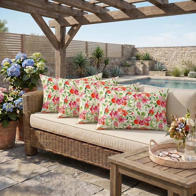 RSH DECOR: Lumbar Throw Pillows Set of 4 | 20” x 12" | All-Weather Spun Fabric | Outdoor Support Pillows for Patio Furniture | Made in USA (Bettina Garden)
