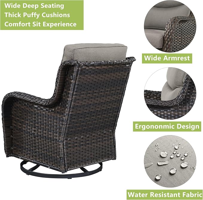 Rilyson Wicker Patio Furniture Set - 5 Piece Rattan Outdoor Sectional Conversation Sets with 2 Swivel Rocking Chairs,2 Ottomans and 1 Side Table for Porch Deck Garden(Brown/Grey/Smile)