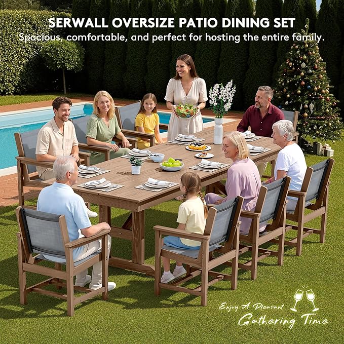 SERWALL 9 Piece Outdoor Dining Set, 84" HDPE Outdoor Large Table and Textilene Sling Chairs for 8，All Weather Patio Dining Furniture Set with Umbrella Hole for Backyard, Garden, Brown