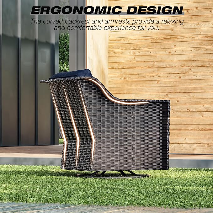 Joyside Wicker Patio Furniture Sets, 7 Pieces Upgraded Large Size Outdoor Furniture with Swivel Rocking Patio Chairs, Two 3-Seat Sofa, Outdoor Ottoman, Thick Cushions, Wide Armrest, Blue