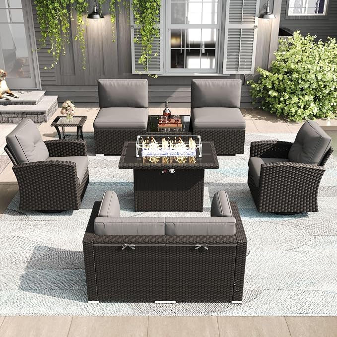 LayinSun 9 Pieces Patio Furniture Set with Fire Pit Table, Black Rattan Modular Sectional Outdoor Conversation Sofa Set, Swivel Rocking Chairs Set