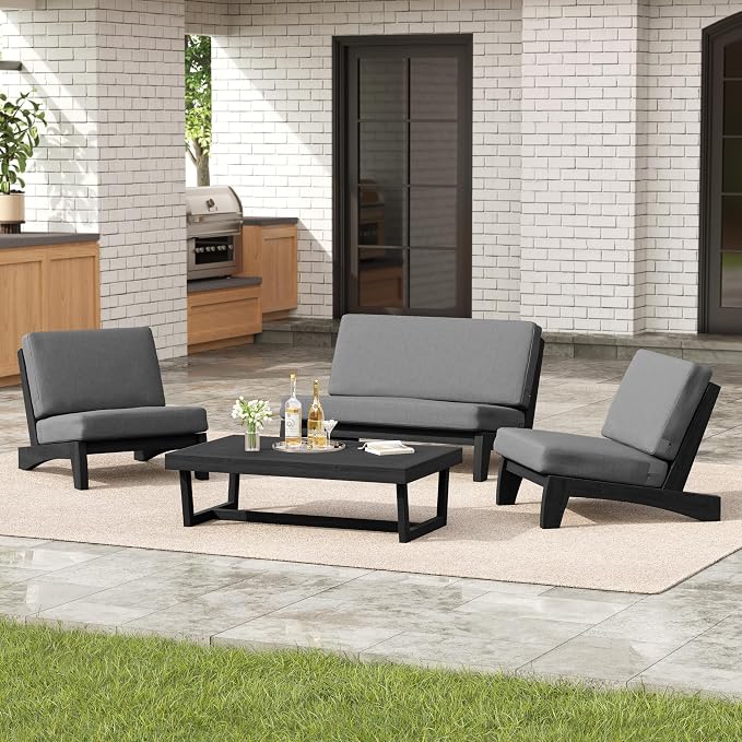 4 Pieces Patio Furniture Sets, All-Weather Outdoor Wood Bistro Set Patio Conversation Coffee Table Chiars and Patio Loveseat for Balcony, Backyard