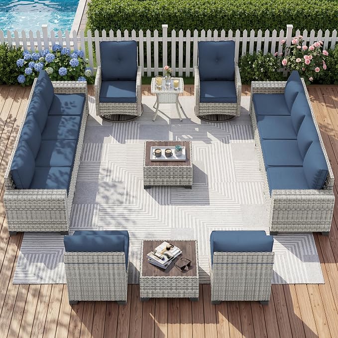 15-Piece Outdoor Patio Furniture Set with Rocking Swivel Chair Wicker Sectional Sofa Set, Patio Conversation Set with Thickened Cushions & Coffee Table for Garden, Backyard, Navy Blue