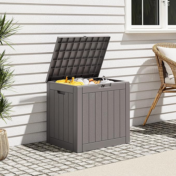 Outdoor Storage Box, Resin Deck Boxes Indoor and outdoor, Waterproof Storage Box Lockable Lid (Grey,32 Gallon)