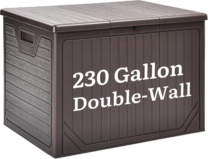YITAHOME XXL 230 Gallon Extra Large Outdoor Deck Box, Lockable Resin Double-Wall Storage Box and Waterproof Patio Furniture Bin for Garden Tools & Pool Accessories, Brown