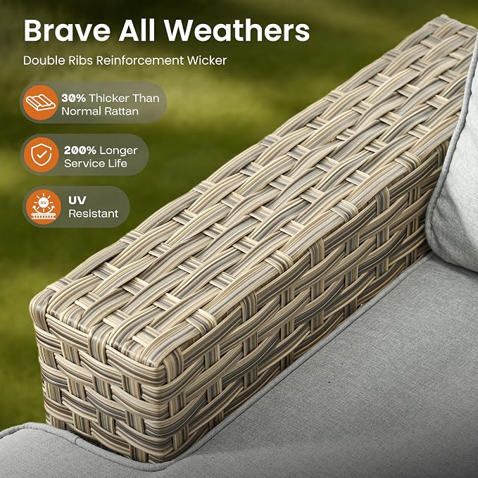 ovios 7 Piece Patio Sectional Furniture, Rattan Wicker Coversation Couch Set, Outdoor Sofa Set for Outside Porch Balcony Backyard Pool,Light Grey