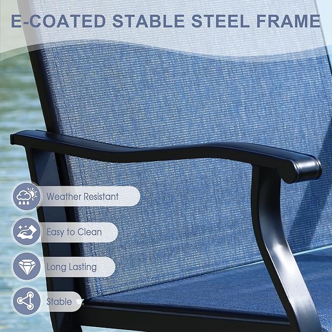 VICLLAX Patio Table and Chairs with Patio Umbrella, 6 Patio Swivel Chairs and Metal Patio Table with 15ft Blue Outdoor Umbrella for Backyard, Navy Blue Chairs & Black Tabletop