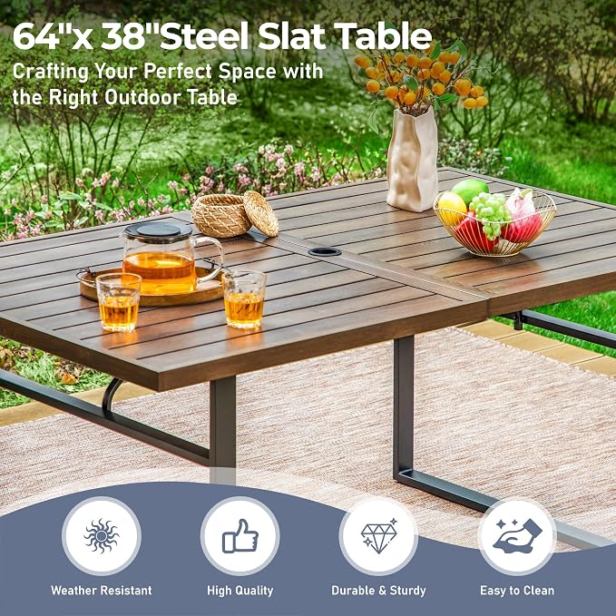 SUNSHINE VALLEY 7 Piece Patio Dining Set for 6, 64” Rectangular Wood-Like Steel Dining Table with Umbrella Hole, 6 x Blue Chairs, Outdoor Table and Chairs Set for Lawn Backyard and Deck