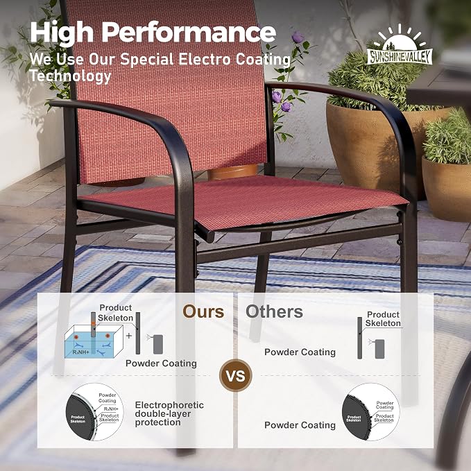 SUNSHINE VALLEY 7 Piece Outdoor Dining Set for 6, 54" Round Metal Table with Umbrella Hole, 6 Red Dining Chairs, Patio Table and Chairs Set for Backyard Lawn
