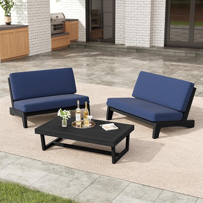 3 Pieces Patio Furniture Sets, All-Weather Outdoor Wood Bistro Set Patio Conversation Coffee Table Chiars and Patio Loveseat for Balcony, Backyard