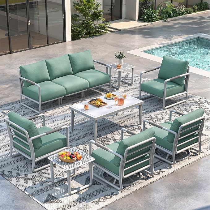 Outdoor Aluminum Patio Furniture Set with with 6.5" Thick Cushions,10-Piece Outdoor Sectional Conversation Set with Swivel Chairs,All-Weather Patio Set for Backyard & Deck，White