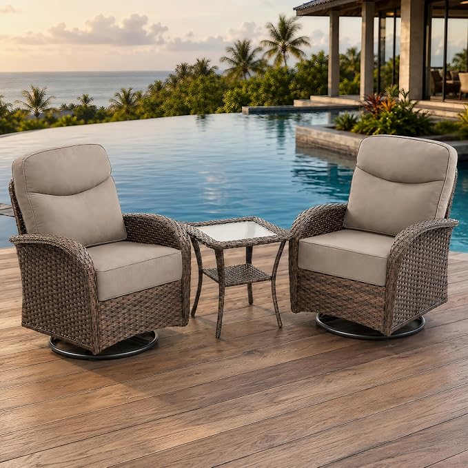 HUMMUH 3-Piece Outdoor Wicker Swivel Rocker Patio Set, High Back | 6 in Olefin seat and back cushions, PE rattan, steel frames, 350 lb chair capacity, for deck, yard, and poolside