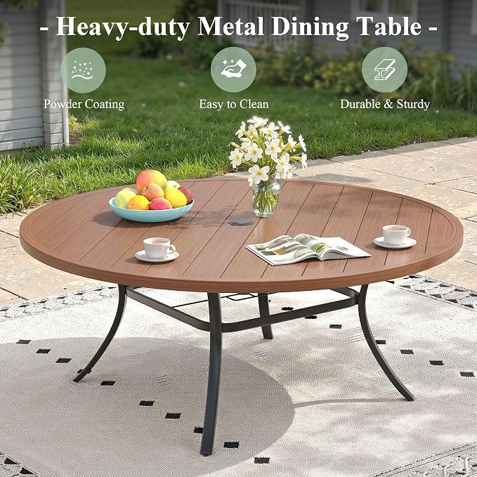 Round Patio Dining Set for 10, 63" Round Metal Table with Umbrella Hole and Stackable Wicker Patio Chairs, Outdoor Furniture Set for Deck Backyard Garden, Walnut Chairs, Walnut Table