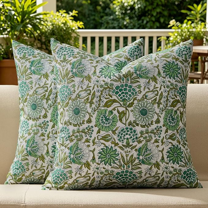 Allorry Outdoor Waterproof Pillow Covers 16x16 Green Floral Outdoor Decor | Set of 2 Vintage Floral Block Print Pillow Cover,Farmhouse Boho Decorative for Spring Summer Outdoor Sofa Bedroom Decor