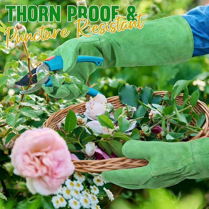 HANDLANDY Leather Gardening Gloves, Thorn Proof Long Gauntlet Heavy Duty Garden Gloves, Elbow Length Rose Pruning Weeding Yard Glove (Large, Green) | Long Leather Gardening Gloves, Breathable Leather Gauntlet, Best Garden Gifts & Tools for Gardener (Gr...