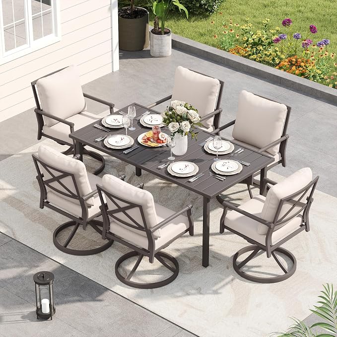 HAPPATIO Patio Dining Set, Metal Outdoor Table and Chairs Set for 6, Powder-Coated Swivel Rocking Chairs with Thickened Cushions, 60" Rectangular Table with 1.5" Umbrella Hole for Deck Backyard Lawn