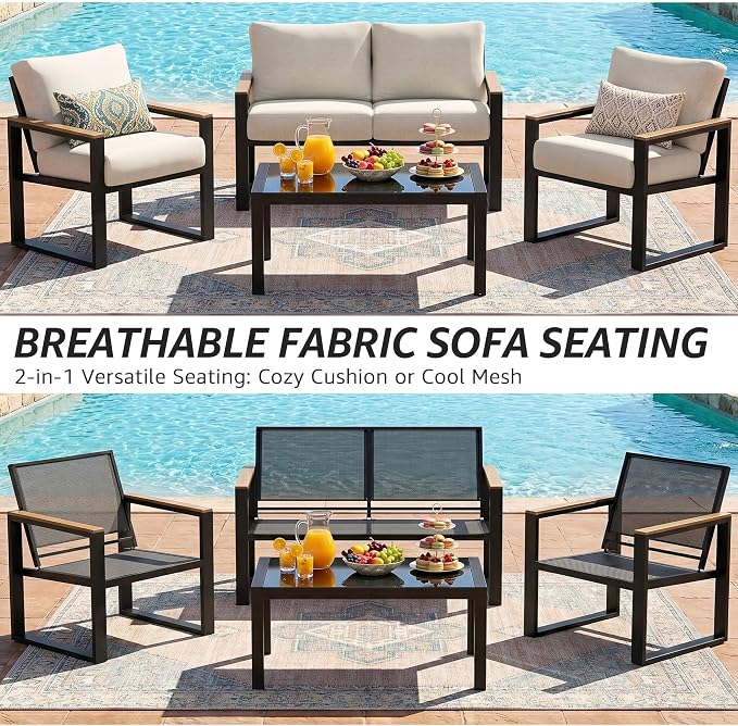 NATURAL EXPRESSIONS 4 Pieces Patio Furniture Sets,Metal Outdoor Patio Furniture Sets,Outdoor Sectional Patio Conversation Set,Wooden Anti-Scald Armrest,Sling Mesh,4" Olefin Cushions