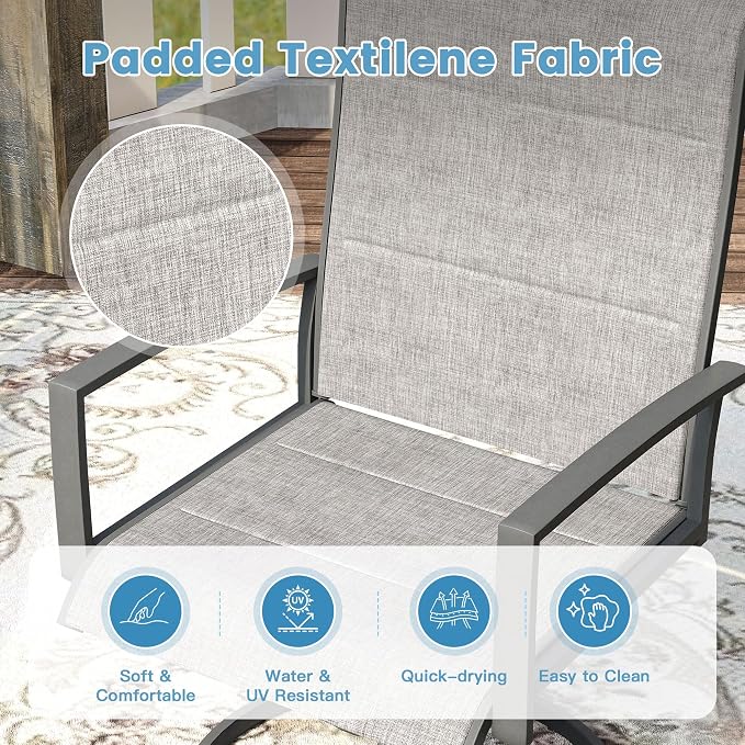 DIFY 5 Pieces Outdoor Patio Dining Set, 4 Grey Padded Textilene Swivel Dining Chairs and 40.6" Grey Round Dining Table, Metal Outdoor Table and Chairs for Poolside Backyard Deck