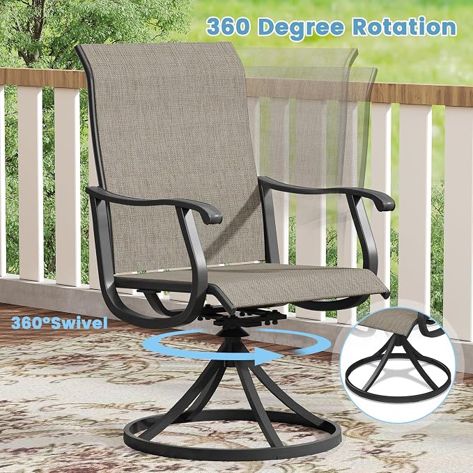 DIFY Patio Table and Chairs Set for 6, 7 Piece Outdoor Dining Set Includes 53.1" Black Round Metal Dining Table with Umbrella Hole and 6 Brown Textilene Swivel Patio Chairs, for Garden Backyard Deck