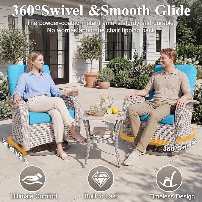 Patio Wicker Chairs Swivel Rocker, Outdoor Swivel Glider Rocker Chairs with Rattan Side Table, All Weather Conversation Set for Porch Poolside Balcony,Cyan