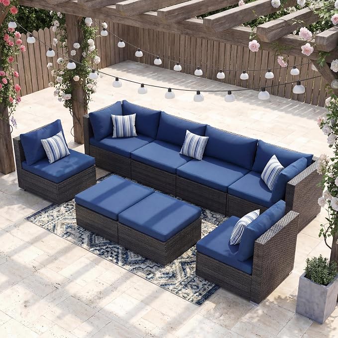NICESOUL Outdoor Sofa Set of 8, Deep Seating Extra Large Patio Conversation Set, 29.3'' High Back Modern Luxury Wicker Modular Sectional for Backyard Lawn Deck Garden, 2 Color Cushions Navy & Gray