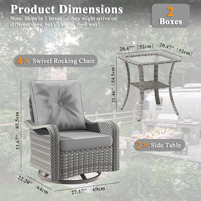 6 Piece Wicker Patio Furniture Set, Swivel Rocking Chairs with 4''Cushions, PE Rattan, Rust Resistant Frame, Double Layer Glass Side Table, for Backyard, Deck or Balcony, Grey