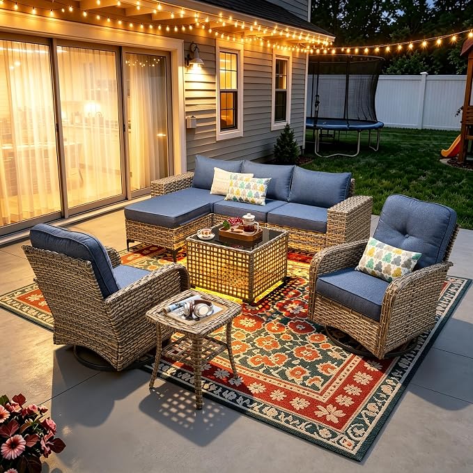 8-Piece Wicker Outdoor Sectional Furniture, Wide Armrest Patio Couch with Swivel Rocking Chair Ottoman Solar Table, Modular Sofa Rattan Conversation Sets for Backyard Deck Garden, Denim Blue