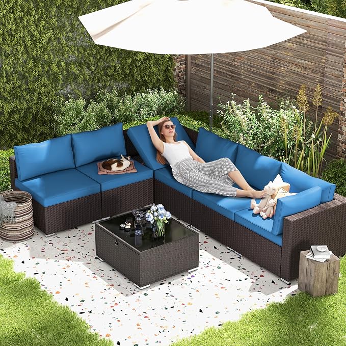 HOMREST 7 Piece Patio Furniture Set with Adjustable Bracket All-Weather Wicker Conversation Set with Coffee Table for Porch Garden Backyard (Blue)