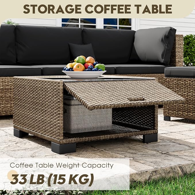LHBcraft 7 Piece Patio Outdoor Furniture Set, Outdoor Sectional, All-Weather Manual Weaving PE Rattan Wicker Patio Sectional Sofa, Rattan Outside Furniture with Black Cushion and Glass Coffee Table