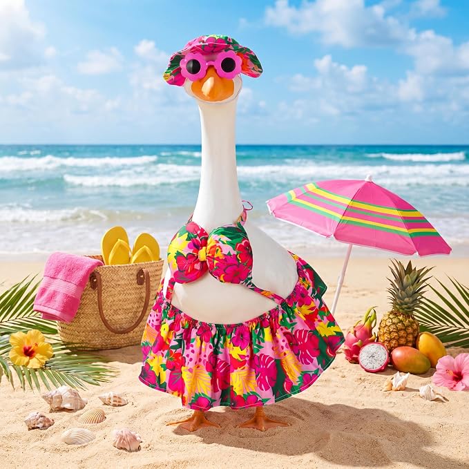 Abbylike Summer Porch Goose Outfits Bikini Hawaiian Tropical Printed Goose Clothes Fits Large 23'' Cement Plastic Statue for Front Door Outdoor Garden Patio Yard Pathway Art Decoration
