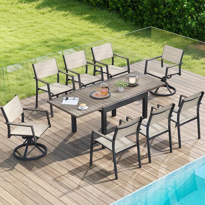 9 Piece Outdoor Dining Set, Expandable Outdoor Patio Dining Table and Swivel Chair Set, Aluminum Outdoor Table and 8 Chairs with Textilene Fabric & Armrest for Patio, Garden, Lawn(Grey)