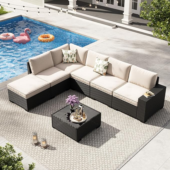 7-Piece Outdoor Patio Furniture Set, Modular Wicker Sectional Sofa with Thick Cushions & Coffee Table, All-Weather Rattan Conversation Set for Backyard, Porch, Poolside, Beige