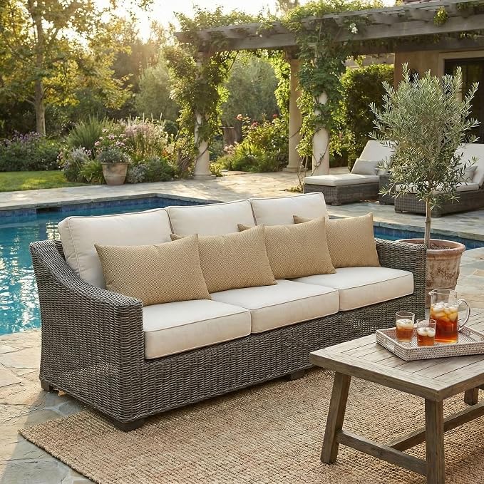 RSH DECOR: Sunbrella Lumbar Throw Pillows Set of 4 | 20" x 12" | Water and Fade-Resistant Performance Fabric | Outdoor Pillow Covers with Down-Alternative Inserts | Made in USA (Sailcloth Sienna Tan)