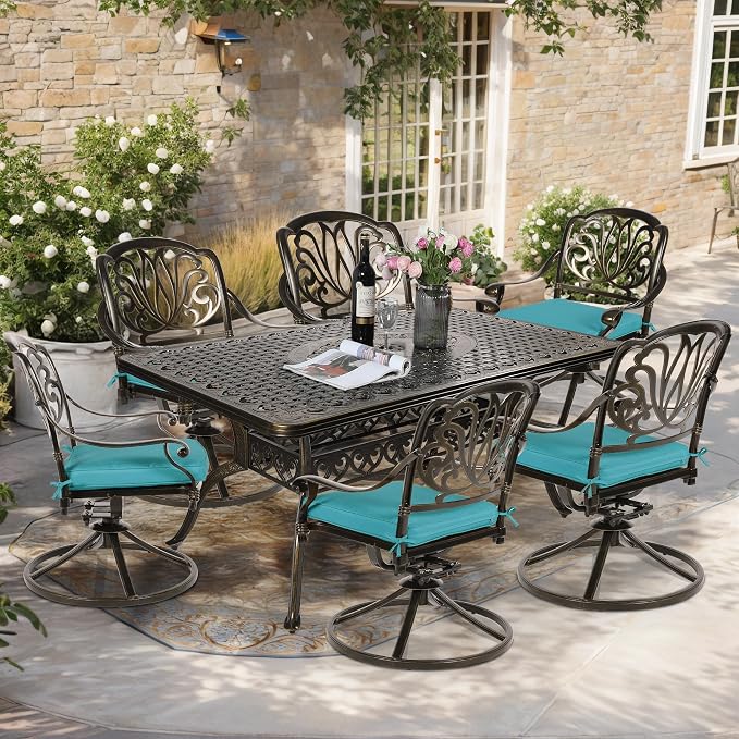 7-Piece Outdoor Patio Dining Set, 60” Rectangular Cast Aluminum Dining Table with Umbrella Hole and 6 Cushioned Swivel Rocker Chairs, Patio Funiture Set for Backyard, Patio, Garden, Blue