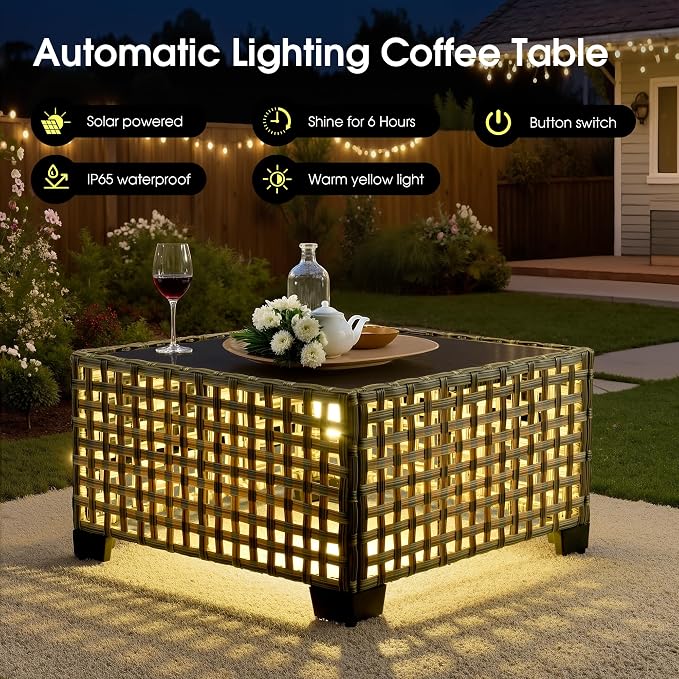 Outdoor Sectional Patio Furniture Set with Fire Pit,7 Pieces Rattan Conversation Sets,Out Door L Shaped Furniture with Glowing Coffee Table,Orange Red