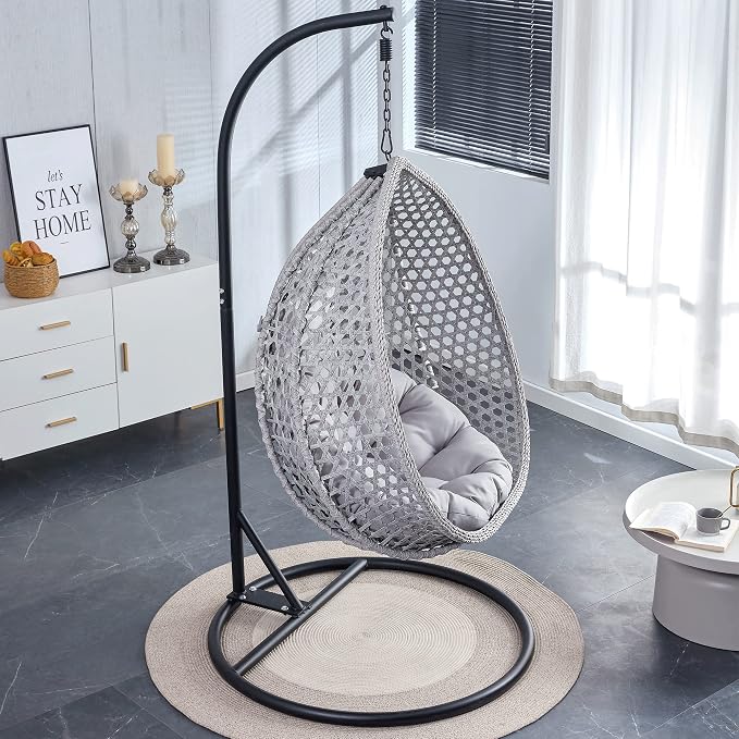 Hanging Egg Swing Chair with Stand, Rattan Wicker Hanging Egg Chair Hammock Indoor with Cushions, Swinging Chair for Bedroom Outdoor Patio Balcony Backyard Sunroom Heavy Duty 350LBS (Gray)