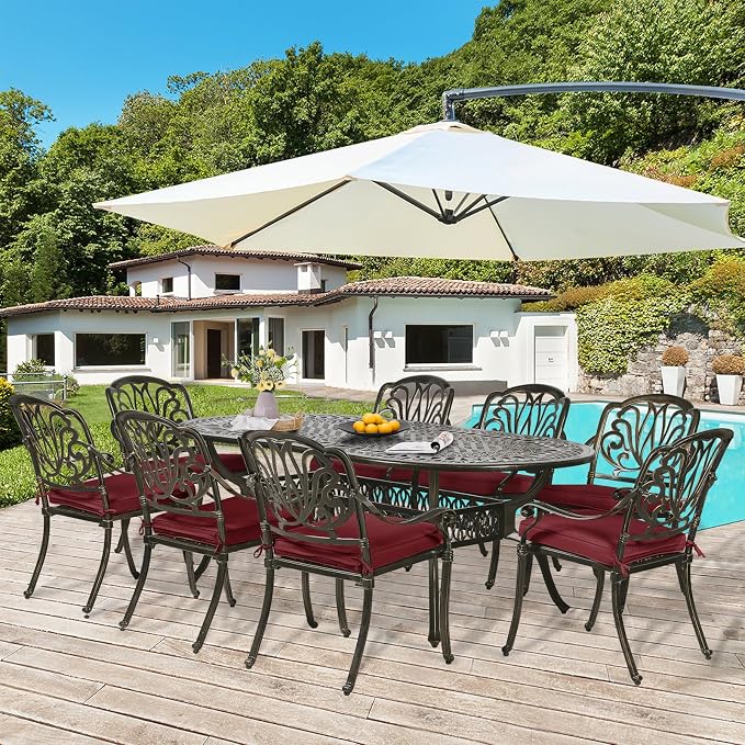 9-Piece Patio Dining Set, Outdoor Patio Table and Chair Set of 84” Oval Cast Aluminum Dining Table with Umbrella Hole and 8 Outdoor Dining Cushion Chairs, Patio Funiture Set for Garden, Red