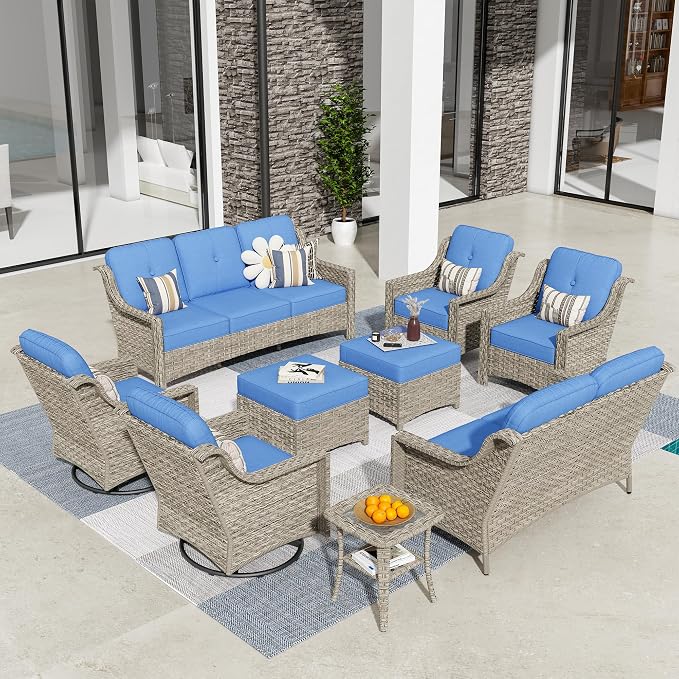 HOOOWOOO 9 Piece Patio Furniture Conversation Sets with Swivel Rocking Chairs,Outdoor Wicker Furniture with Ottoman,All Weather Resistant High Back Rattan Conversational Set(Diamond Blue)